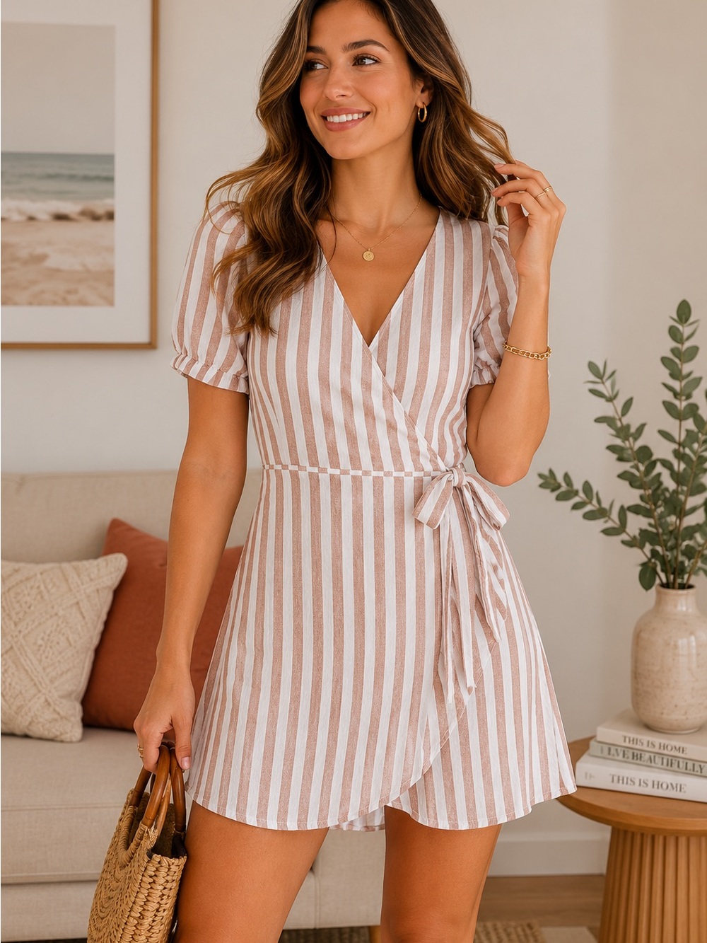 Everly Boho Stripe Wrap Mini Dress Tan White Surplice Puff Sleeve - Size S